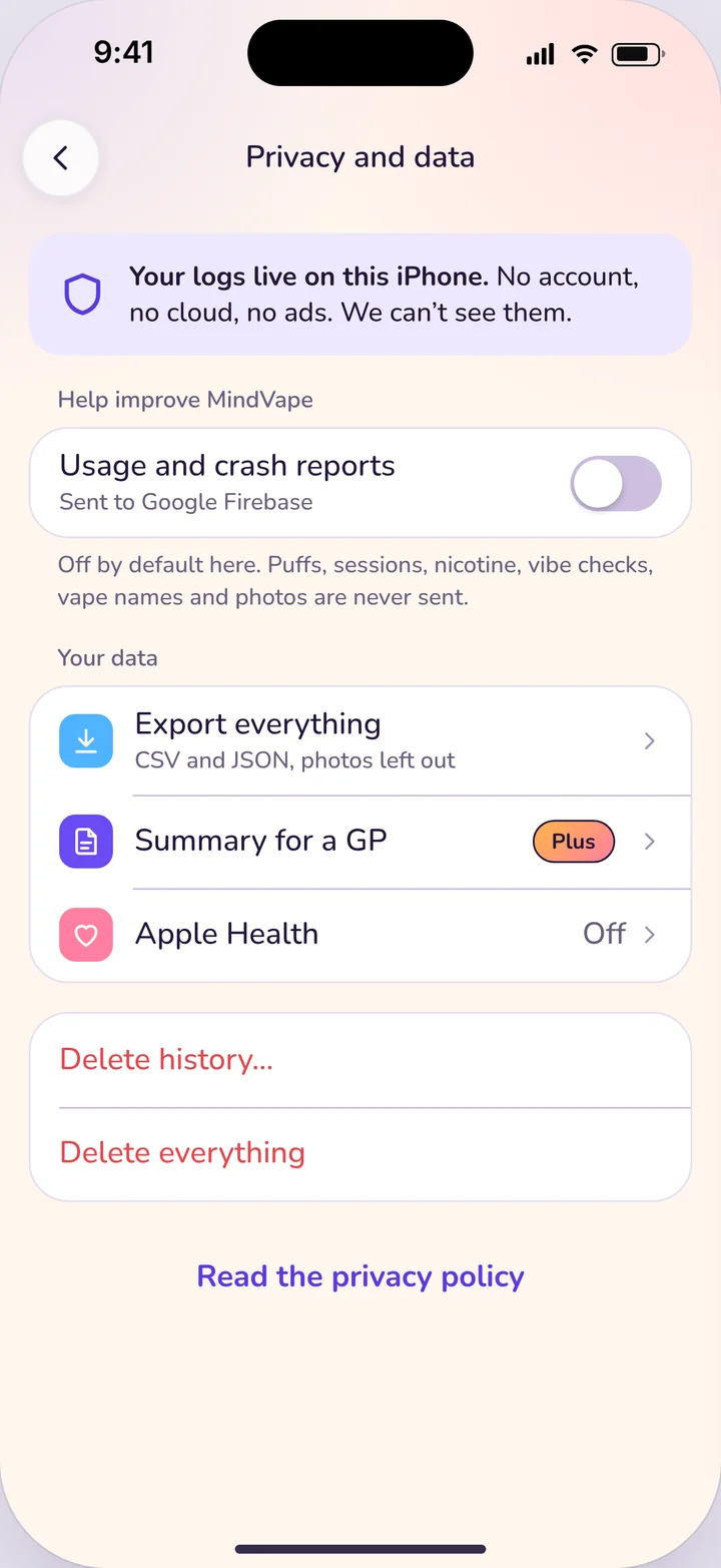 The privacy settings screen in MindVape.